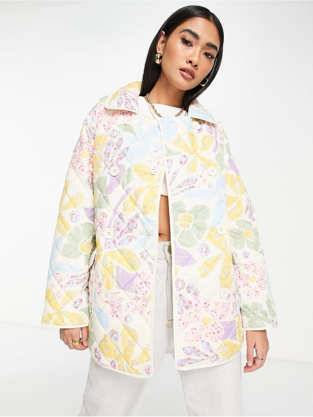 Neon Rose Quilted Floral Puff Jacket in Pastel Multicolor